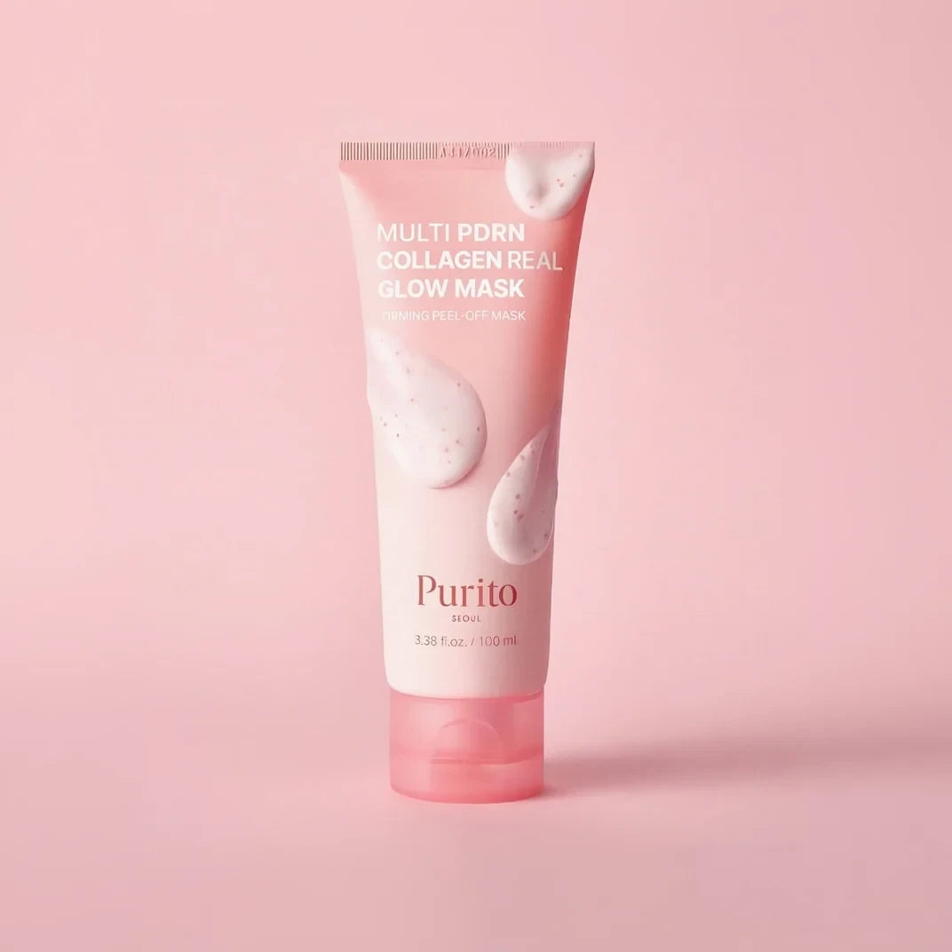 bareskin.lt Purito Multi Pdrn Collagen Real Glow Mask in a light pink squeeze tube on a matching pink background.