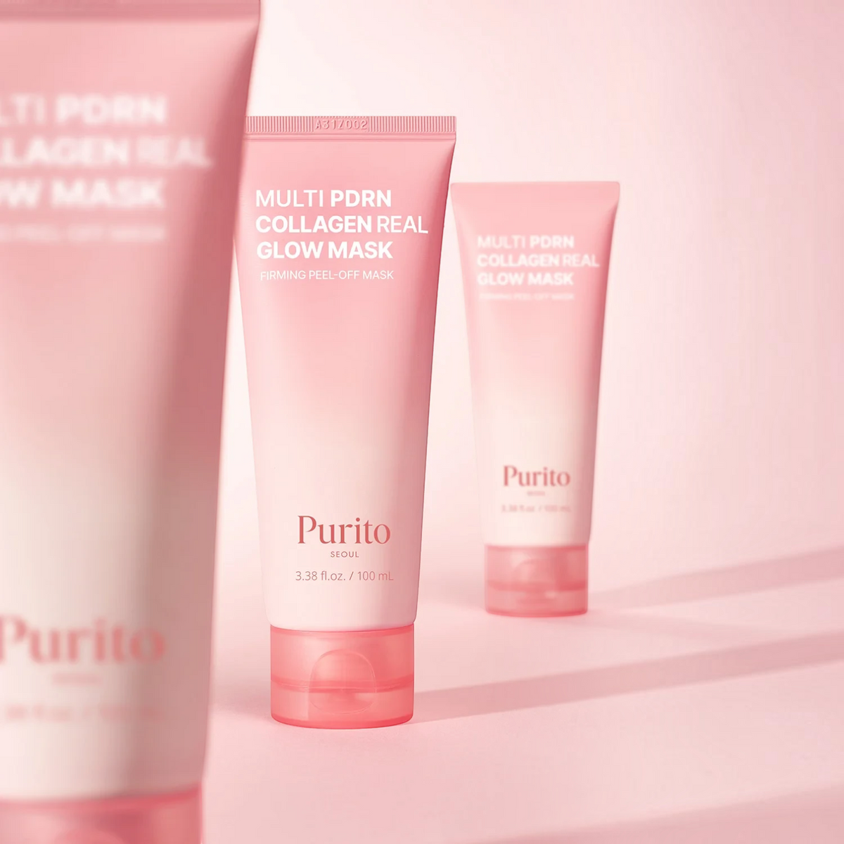 bareskin.lt Purito Multi PDRN Collagen Real Glow firming peel-off mask in a pink tube on a soft pink background.