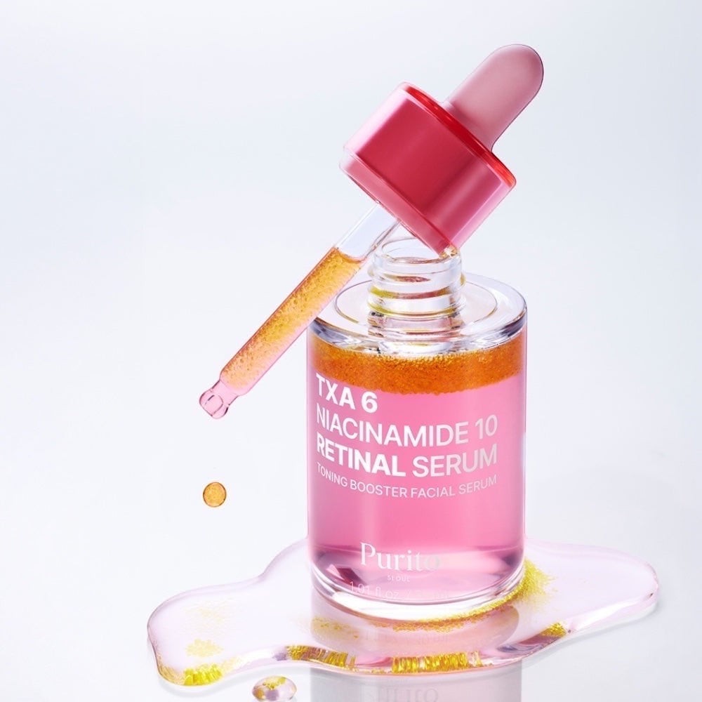 bareskin.lt PURITO SEOUL Niacinamide 10 Retinal Serum veido serumas su niacinamidu, traneksamo rūgštimi (TXA) ir retinaliu, skirtas pigmentacijos požymių ir netolygaus odos tono priežiūrai