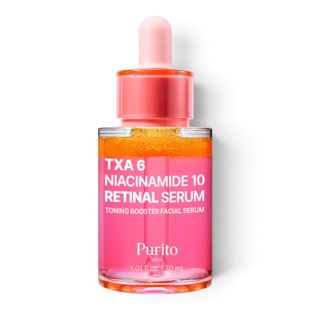 bareskin.lt PURITO SEOUL Niacinamide 10 Retinal Serum veido serumas su niacinamidu, traneksamo rūgštimi (TXA) ir retinaliu, skirtas pigmentacijos požymių ir netolygaus odos tono priežiūrai