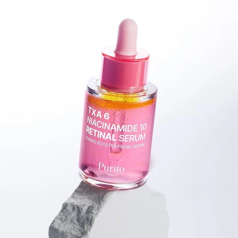 bareskin.lt PURITO SEOUL Niacinamide 10 Retinal Serum veido serumas su niacinamidu, traneksamo rūgštimi (TXA) ir retinaliu, skirtas pigmentacijos požymių ir netolygaus odos tono priežiūrai