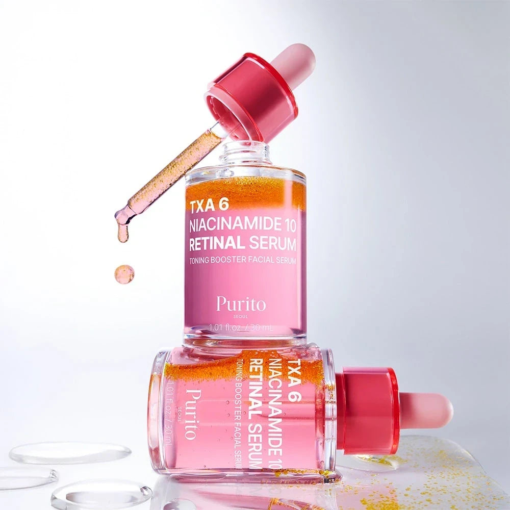 bareskin.lt PURITO SEOUL Niacinamide 10 Retinal Serum veido serumas su niacinamidu, traneksamo rūgštimi (TXA) ir retinaliu, skirtas pigmentacijos požymių ir netolygaus odos tono priežiūrai