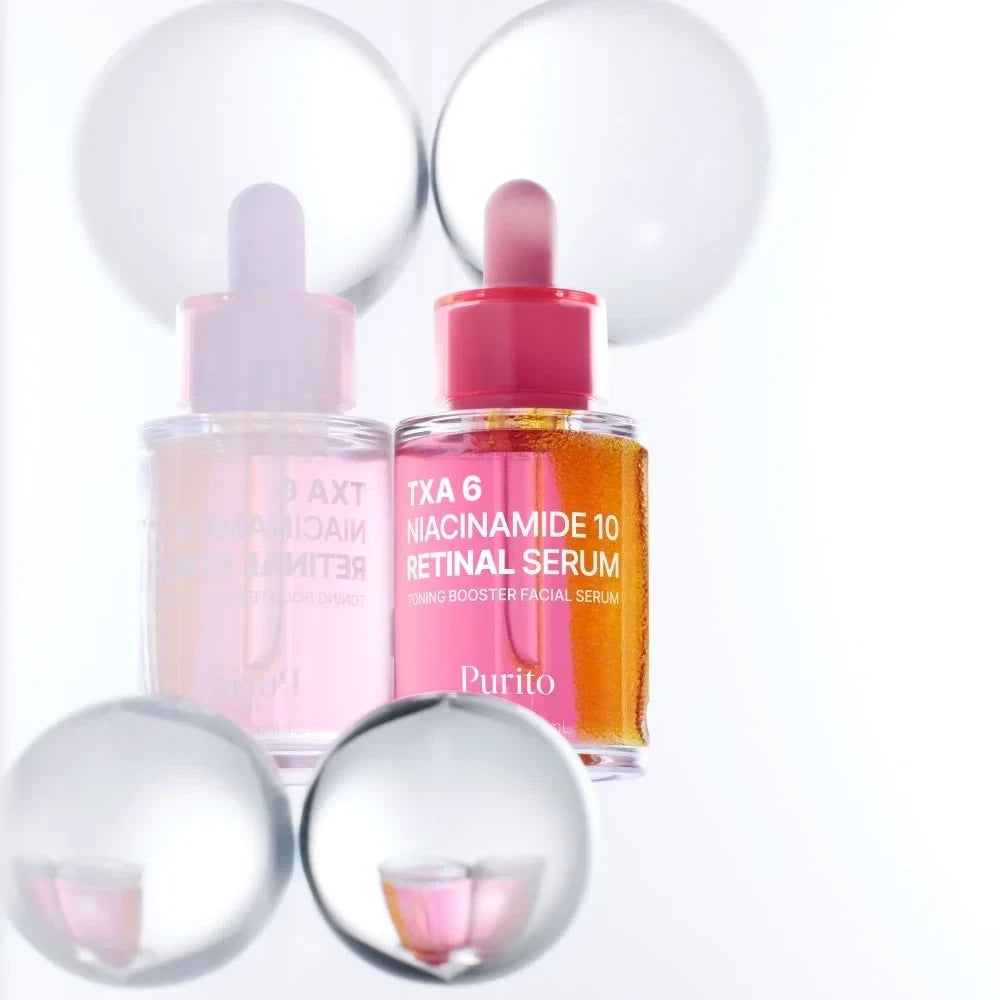 bareskin.lt PURITO SEOUL Niacinamide 10 Retinal Serum veido serumas su niacinamidu, traneksamo rūgštimi (TXA) ir retinaliu, skirtas pigmentacijos požymių ir netolygaus odos tono priežiūrai