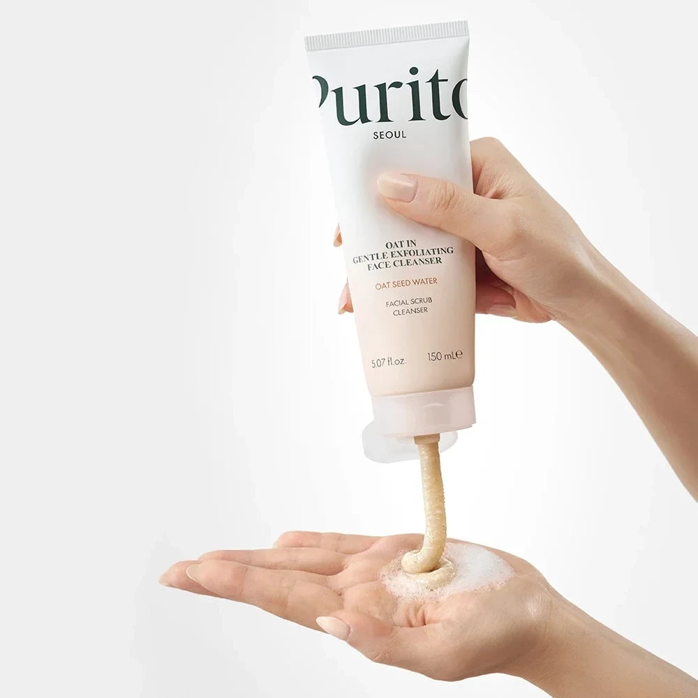 bareskin.lt Purito SEOUL Oat In Gentle Exfoliating Face Cleanser being squeezed onto a hand