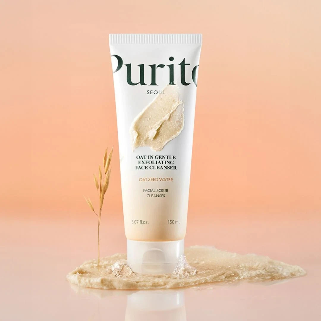bareskin.lt Purito SEOUL Oat In Gentle Exfoliating Face Cleanser tube with oat extract on a soft peach background