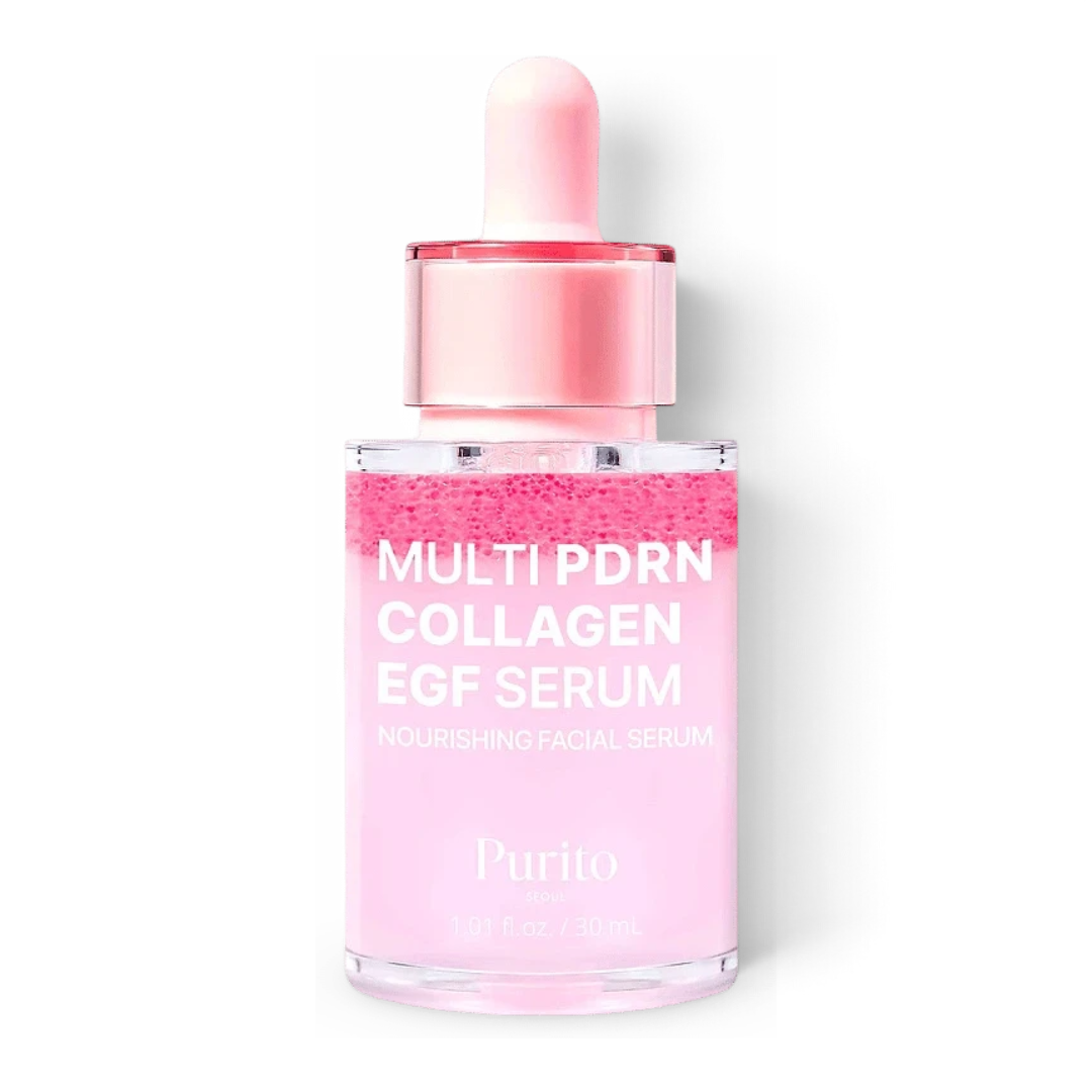 bareskin.lt Purito Seoul Multi PDRN Collagen EGF facial serum veido serumas su augimo faktoriumi EGF, PDRN ir probiotikų fermentu, skirtas odai, kuriai trūksta drėgmės, komforto ir elastingumo