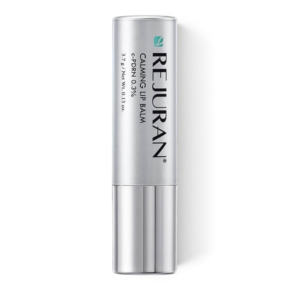 REJURAN Calming Lip Balm by bareskin.lt in a sleek silver tube with c-PDRN 0.3% formula for lip care.