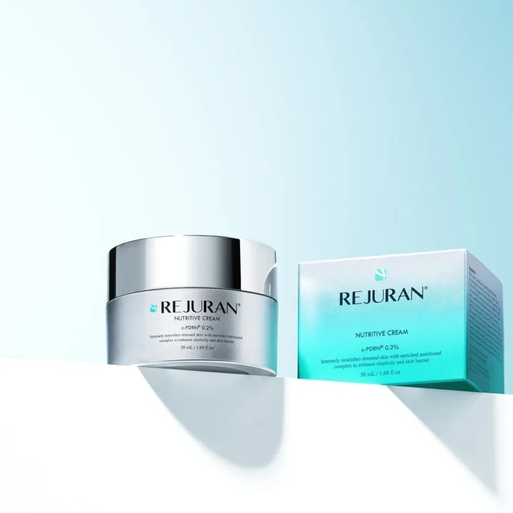 bareskin.lt Rejuran Nutritive Cream jar and box with c-PDRN 0.2% formula for skin elasticity and barrier repair.