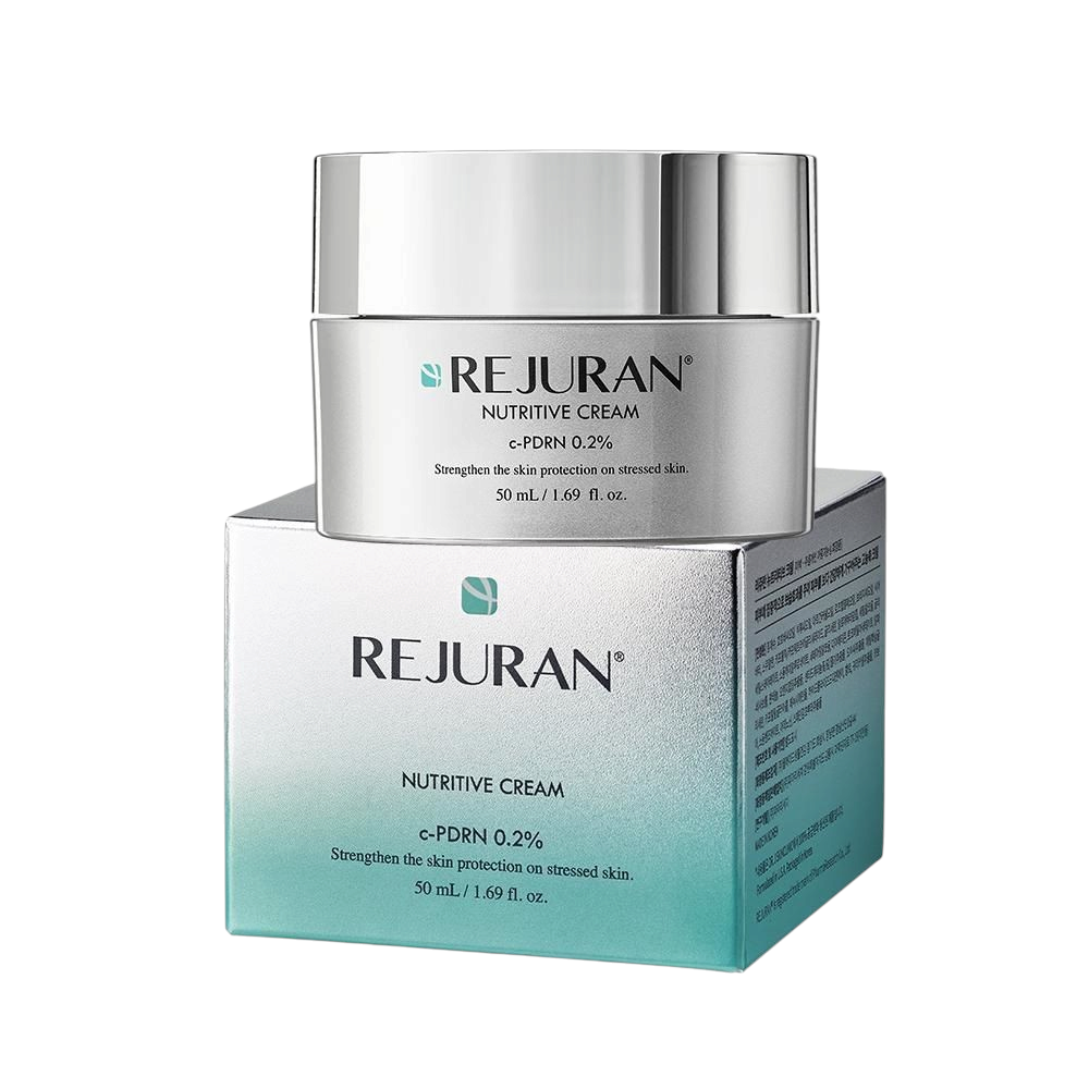 bareskin.lt Rejuran Nutritive Cream with c-PDRN 0.2% in a silver jar and matching gradient box for stressed skin