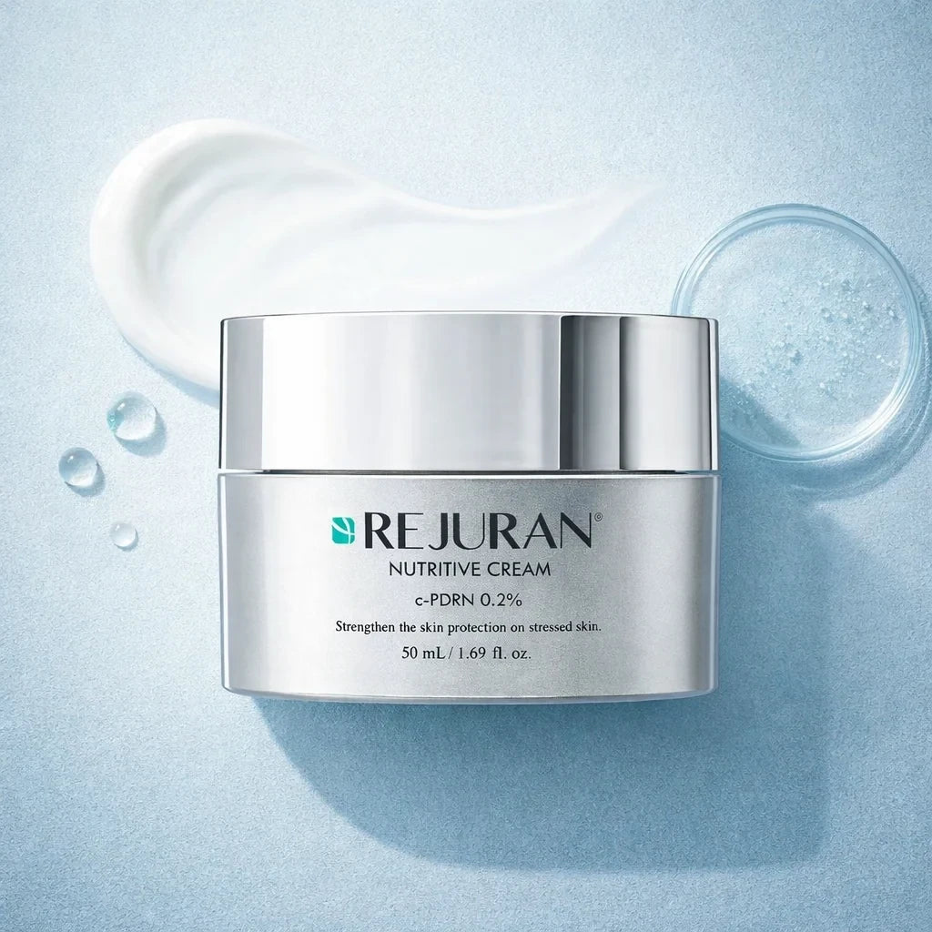 bareskin.lt Rejuran Nutritive Cream in a silver jar with a creamy texture swatch on a blue background