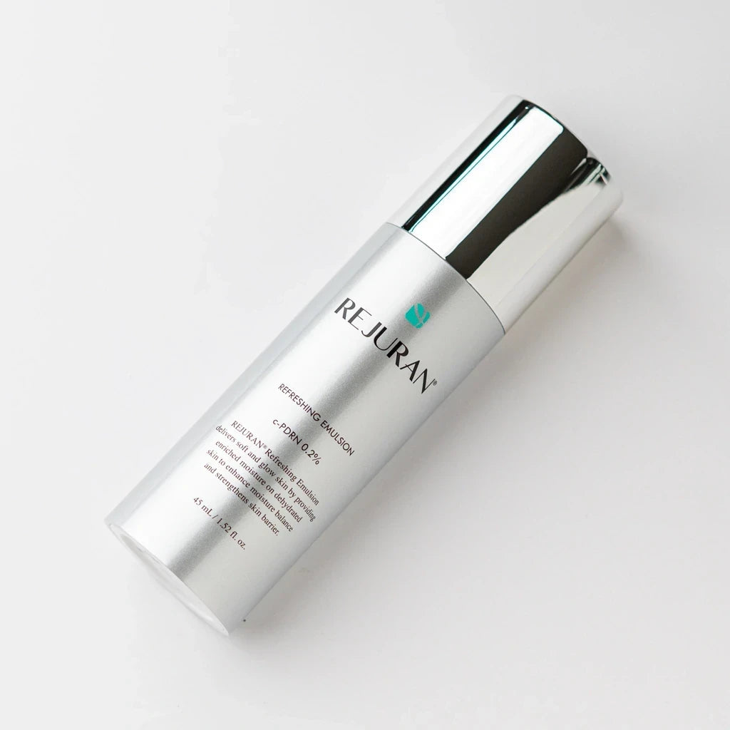 bareskin.lt REJURAN Refreshing Emulsion with PDRN in a sleek silver pump bottle for hydrating and brightening skin
