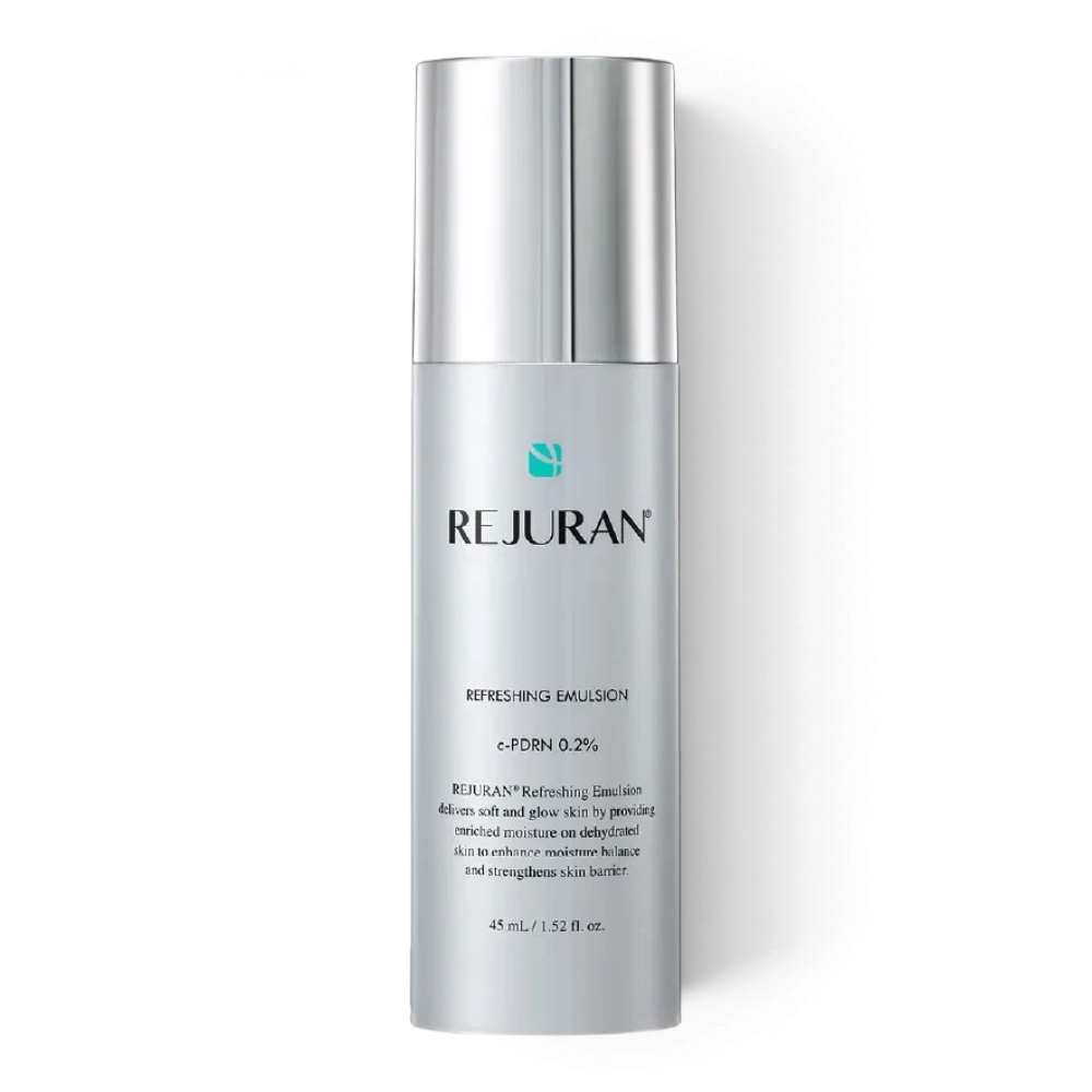 bareskin.lt REJURAN Refreshing Emulsion in a sleek silver pump bottle for hydrating and brightening facial care.