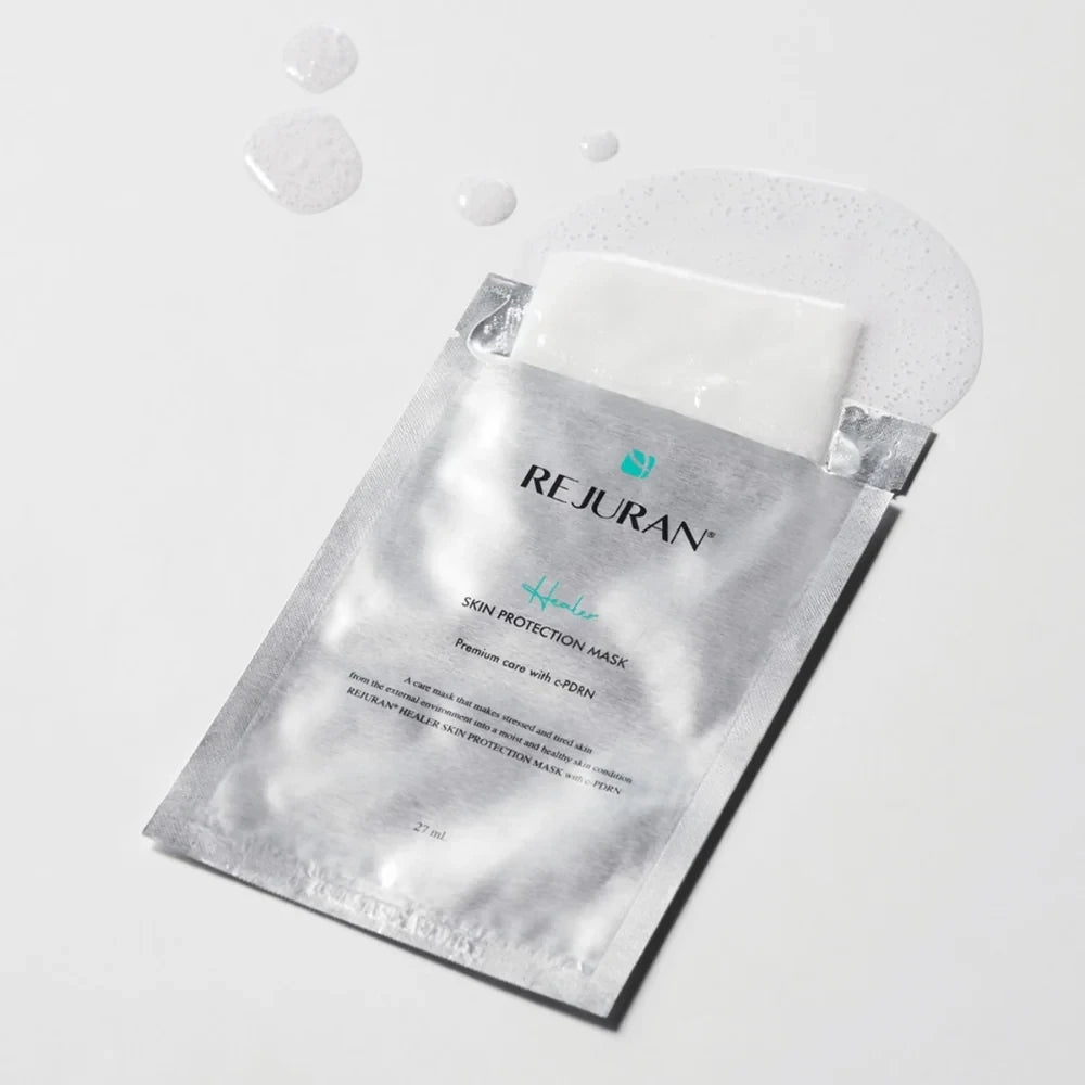 bareskin.lt REJURAN Skin Protection Mask sheet mask in silver foil packaging with serum droplets on white background