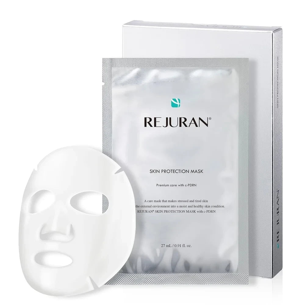 bareskin.lt REJURAN Skin Protection Mask with c-PDRN, featuring a white sheet mask and silver packaging box.