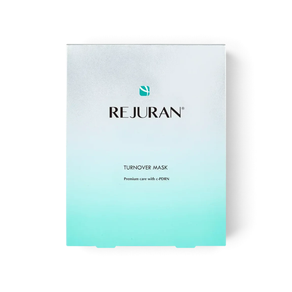 REJURAN Turnover Mask sheet mask packaging from bareskin.lt featuring a white to teal gradient design.