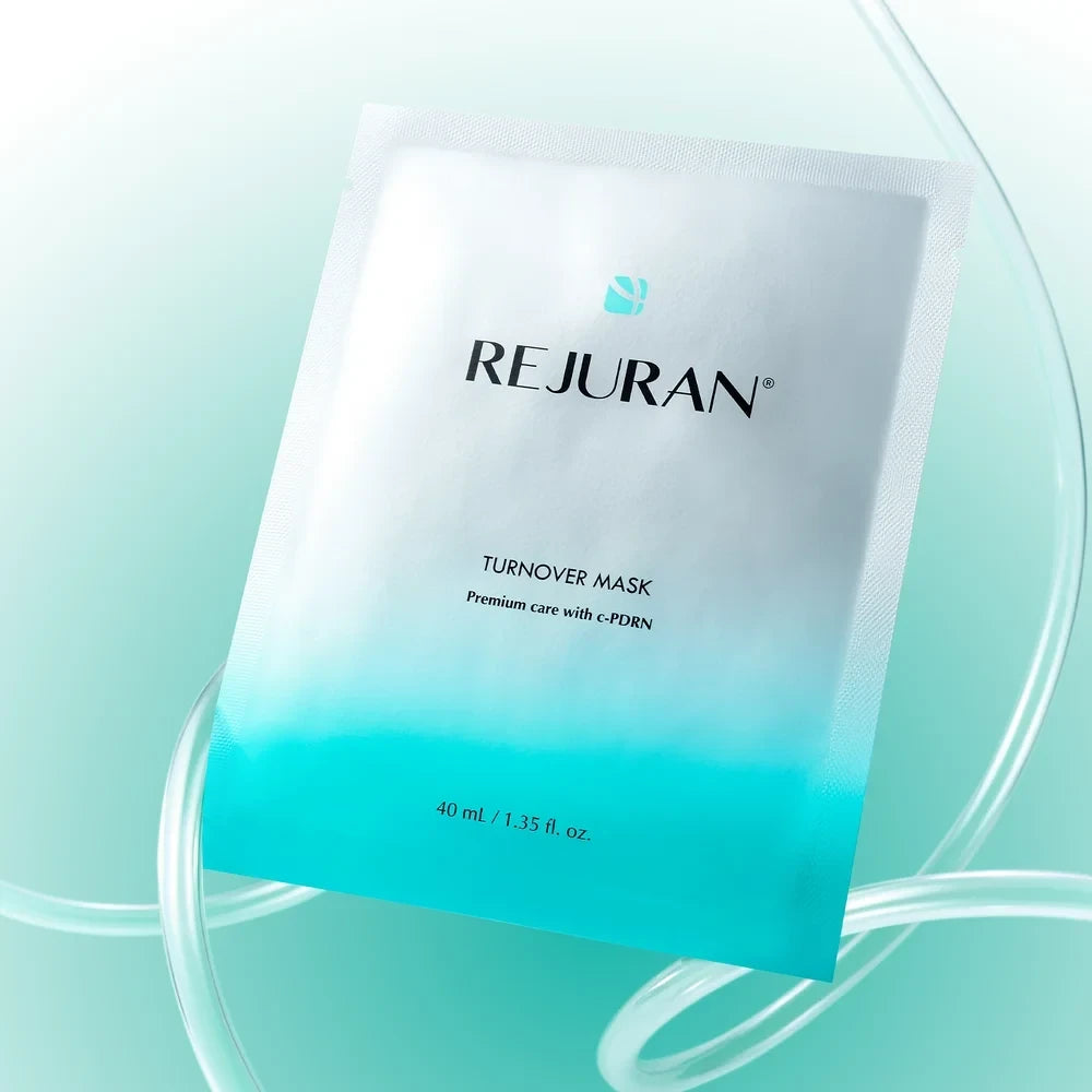 REJURAN Turnover Mask sheet mask by bareskin.lt in white and teal packaging with c-PDRN formula