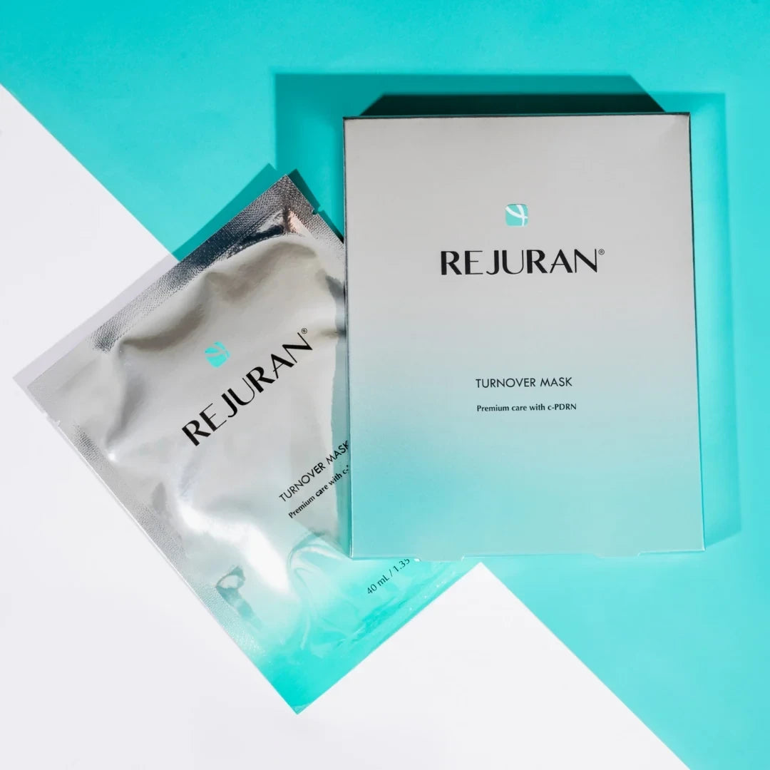 bareskin.lt REJURAN Turnover Mask sheet mask and silver packaging box on a teal and white background