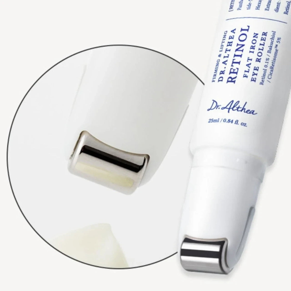 Dr. Althea Retinol Flat Iron Eye Roller by bareskin.lt with a metal applicator tip for firming and lifting