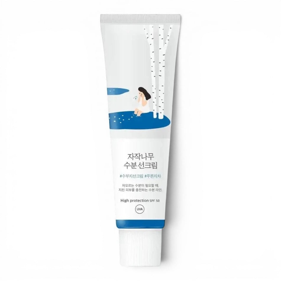 bareskin.lt Round Lab Birch Juice Moisturising Sun Cream SPF50+ in a white tube with blue accents and birch tree art.