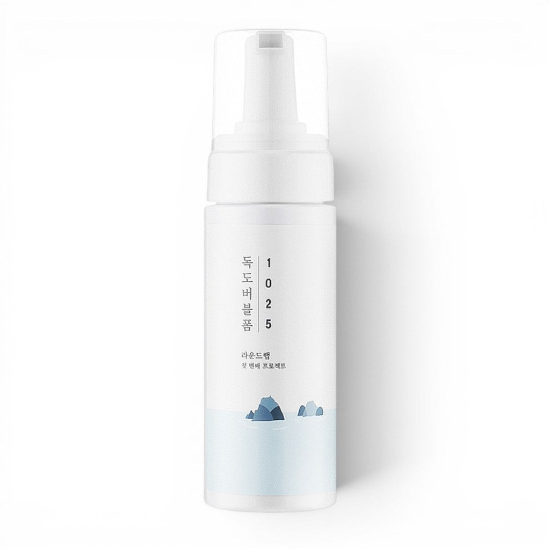 ROUND LAB 1025 Dokdo Bubble Foam facial cleanser in a white pump bottle sold by bareskin.lt