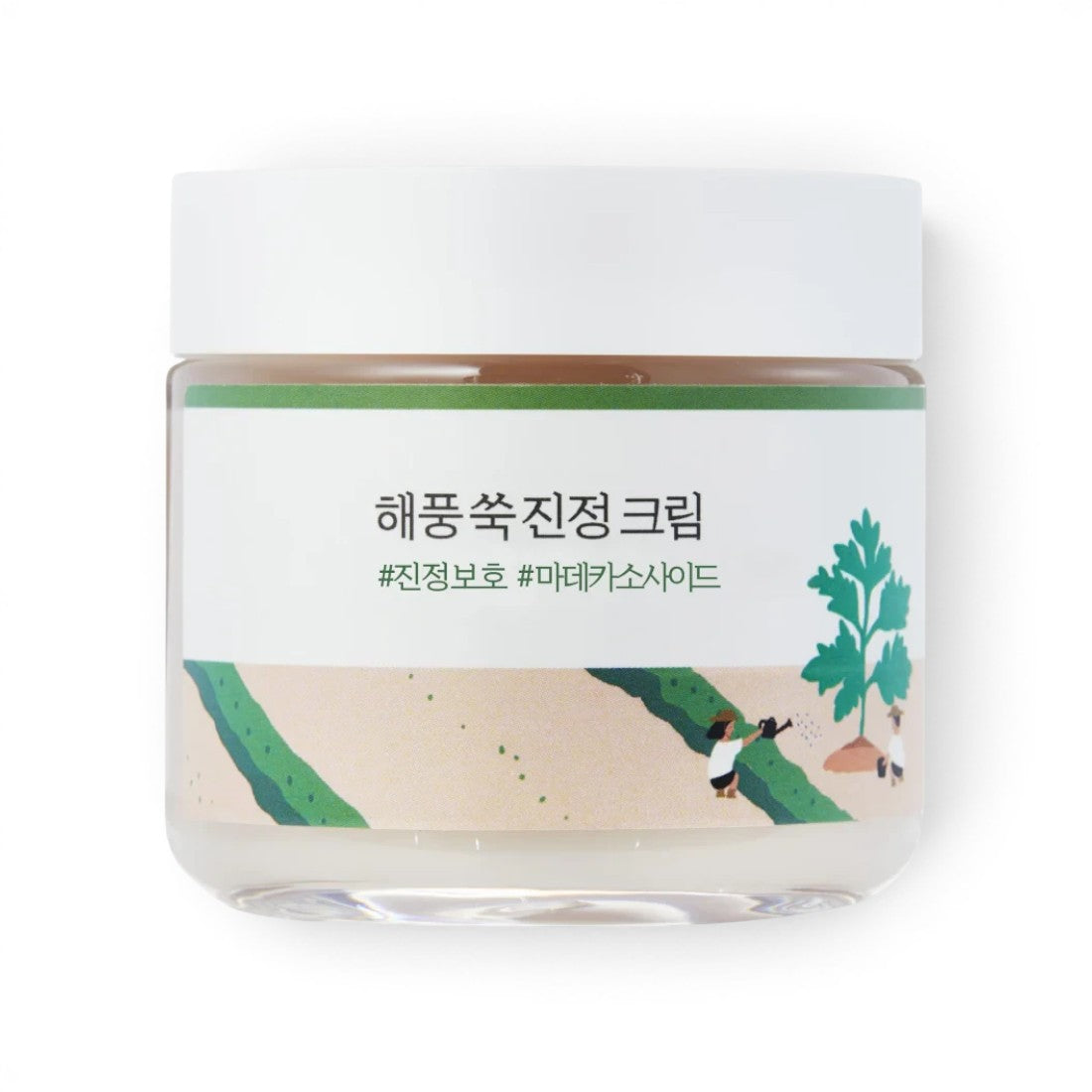 ROUND LAB Mugwort Calming Cream in a clear jar with a white lid, sold at bareskin.lt for sensitive skin care.