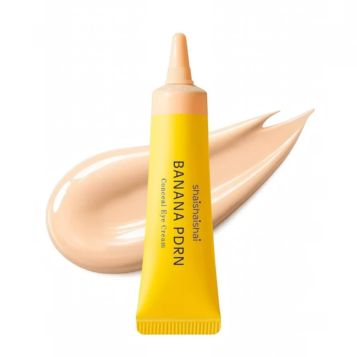 bareskin.lt shaishaishai Banana PDRN Conceal Eye Cream in a yellow tube with a beige cream swatch on a white background
