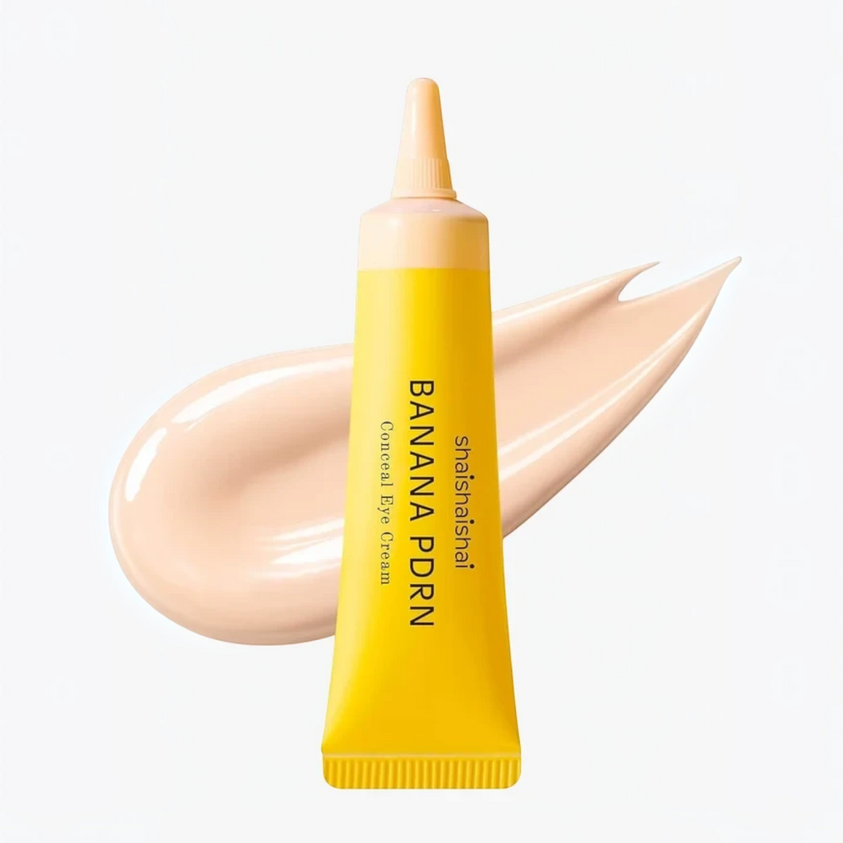 bareskin.lt shaishaishai Banana PDRN Conceal Eye Cream in a bright yellow tube with a beige cream swatch behind it.