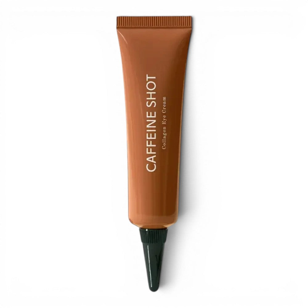 bareskin.lt shaishaishai Caffeine Shot Collagen Eye Cream in a brown squeeze tube for reducing puffiness