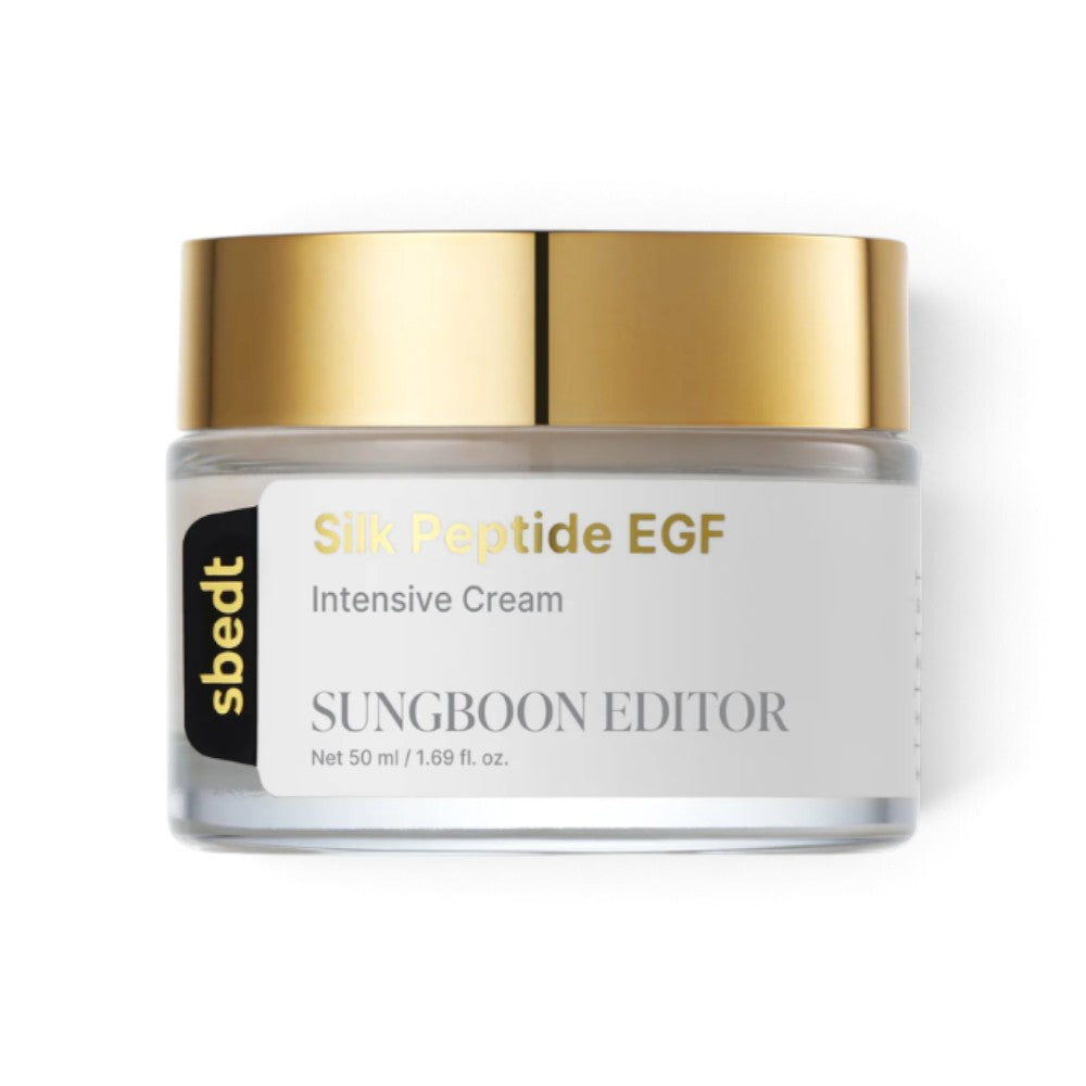 bareskin.lt SUNGBOON EDITOR Silk Peptide EGF Intensive Cream in a glass jar with a gold lid on a white background