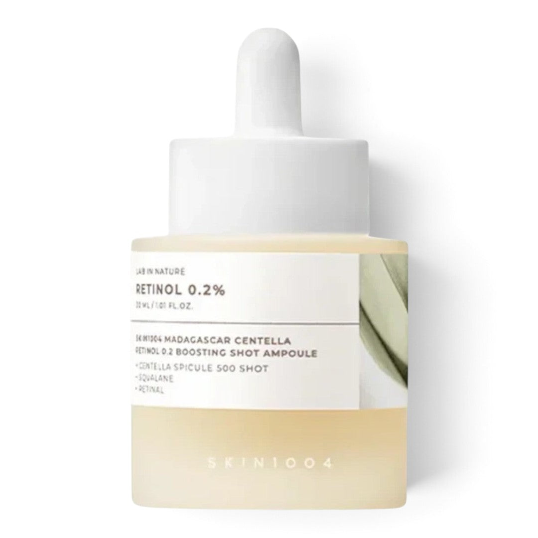 bareskin.lt SKIN1004 Madagascar Centella Retinol 0.2 Boosting Shot Ampoule in a glass bottle with a white dropper cap.
