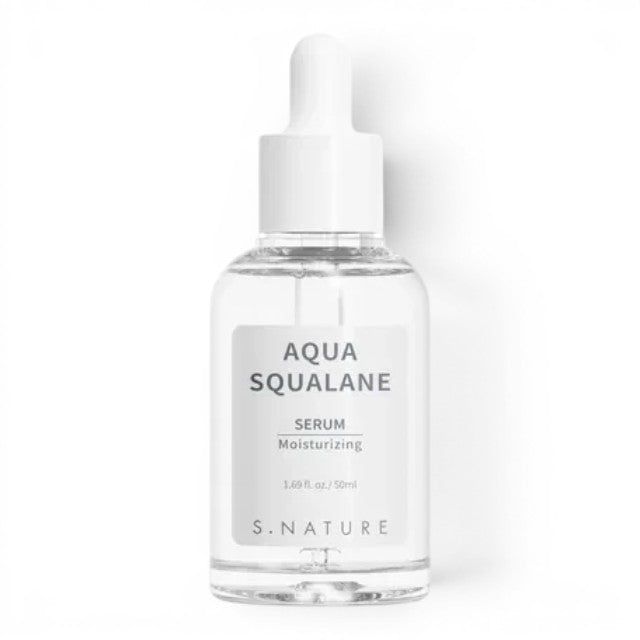 S.NATURE Aqua Squalane Serum by bareskin.lt in a clear glass dropper bottle for deep facial hydration.