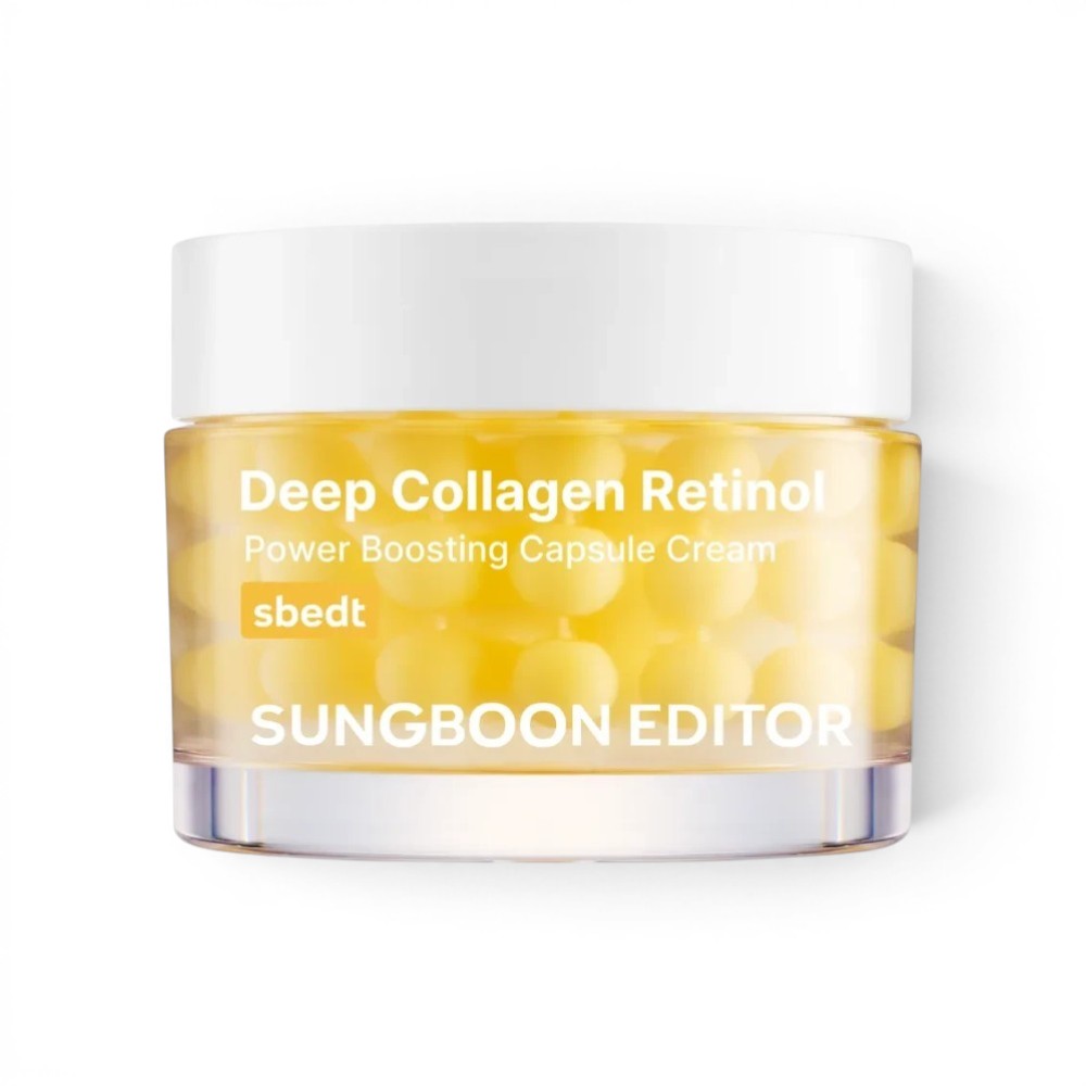 bareskin.lt Sungboon Editor Deep Collagen Retinol Power Boosting Capsule Cream in a clear jar with yellow spheres