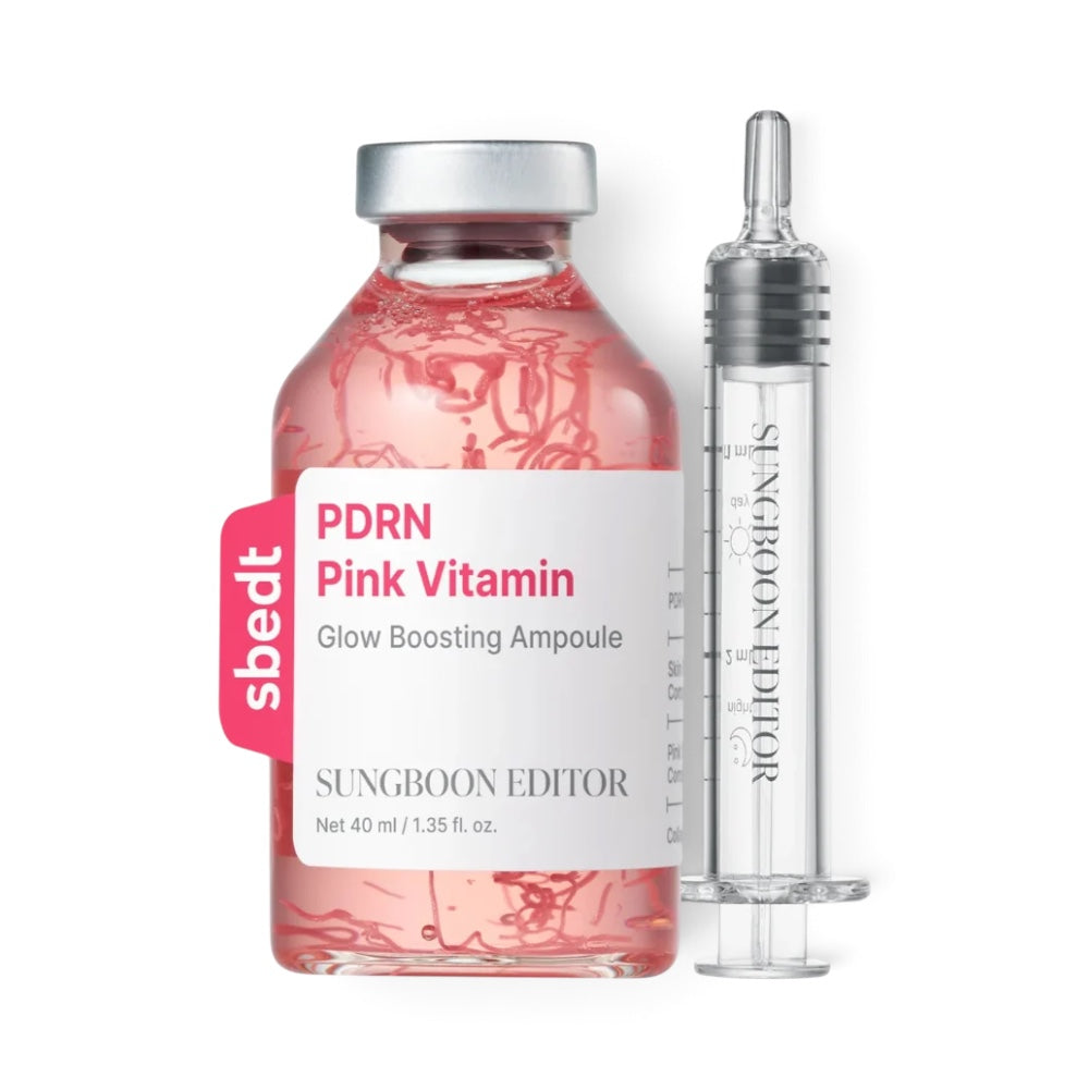bareskin.lt SUNGBOON EDITOR PDRN Pink Vitamin Glow Boosting Ampoule with visible pink strands and applicator syringe