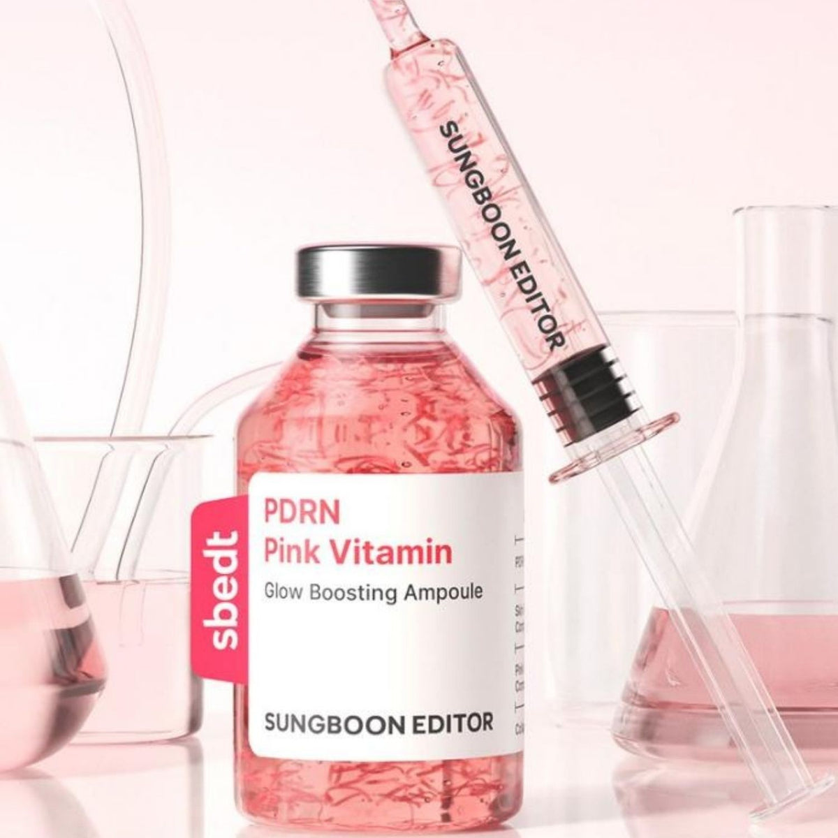 bareskin.lt SUNGBOON EDITOR PDRN Pink Vitamin Glow Boosting Ampoule with visible pink strands in a glass bottle