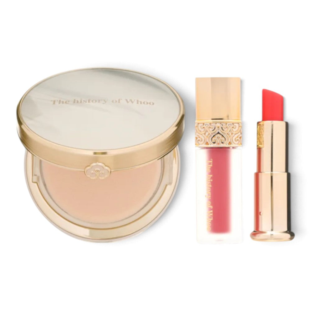 The Whoo luxury makeup set from bareskin.lt featuring a glow pressed powder, velvet liquid lip rouge, and lip balm.