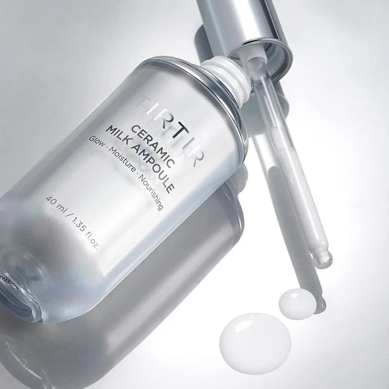 bareskin.lt TIRTIR Ceramic Milk Ampoule with dropper, featuring a milky serum texture for deep skin hydration.