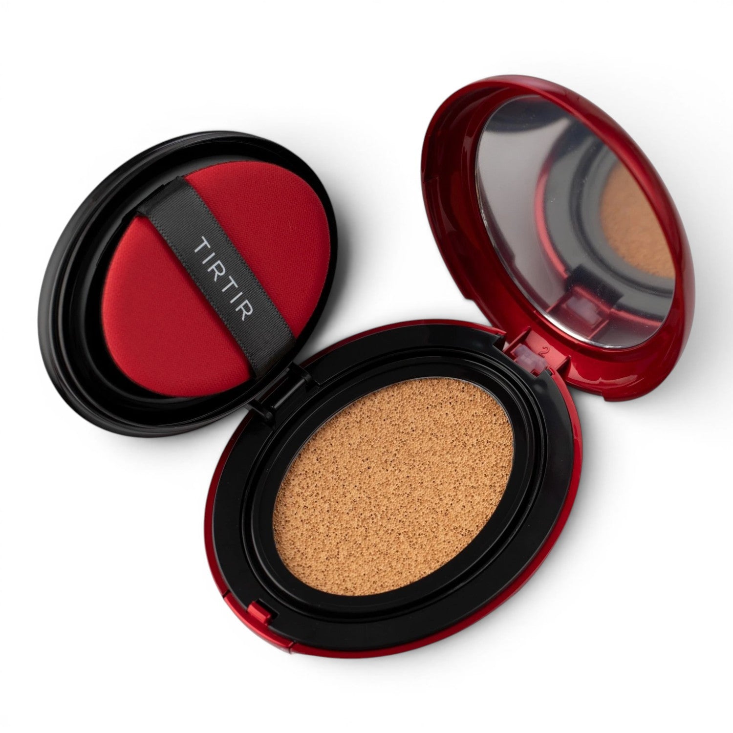 bareskin.lt TIRTIR Mask Fit Red Cushion foundation in a glossy red compact case with an applicator puff and mirror.