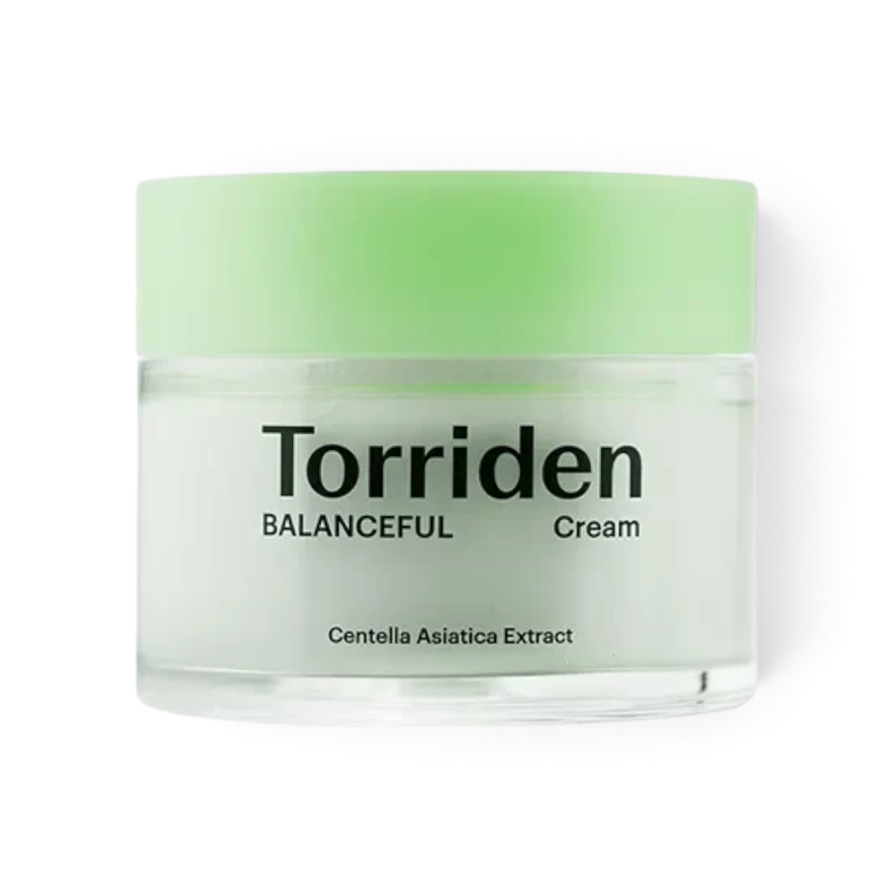 Torriden Balanceful Cica Cream in a clear jar with a light green lid, sold at bareskin.lt