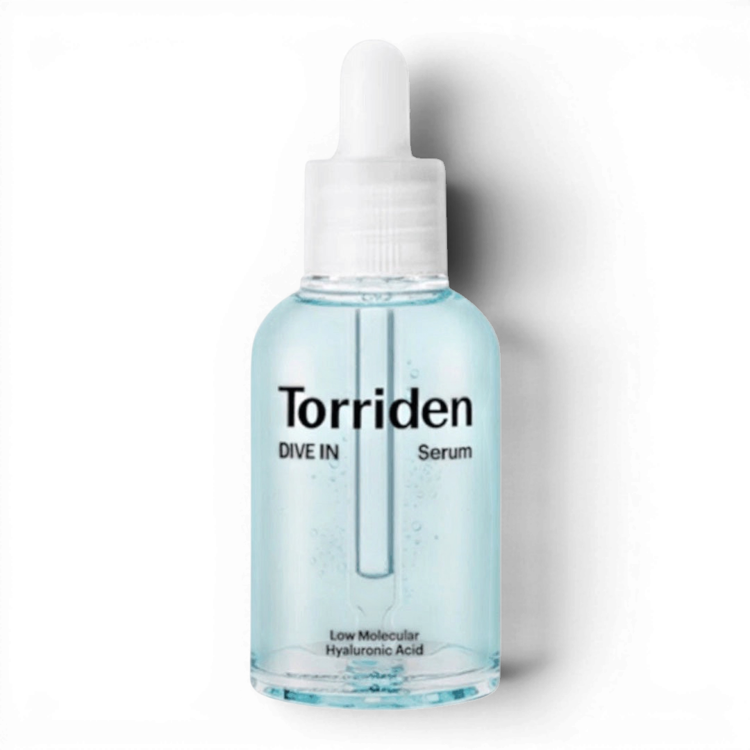 bareskin.lt Torriden DIVE-IN hydrating serum with low molecular hyaluronic acid in a light blue glass dropper bottle