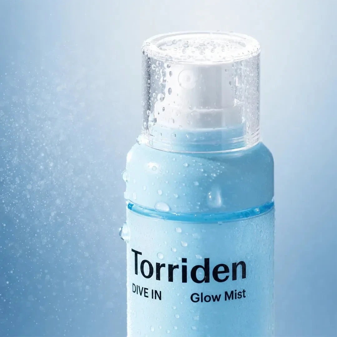 bareskin.lt Torriden Dive In Glow Mist facial spray bottle with water droplets against a soft blue background