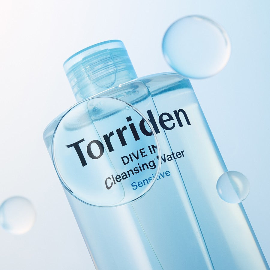 bareskin.lt Torriden DIVE-IN hyaluronic acid cleansing water in a light blue bottle with floating water bubbles