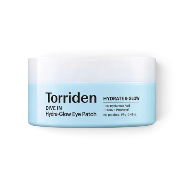 bareskin.lt Torriden Dive In Hydra-Glow Eye Patch hidrogeliniai paakių padeliai su 5 formų hialurono rūgštimi, niacinamidu, pantenoliu, kofeinu ir adenozinu – greita kasdienė priežiūra, kai paakių odai norisi daugiau drėgmės, gaivumo ir skaistumo