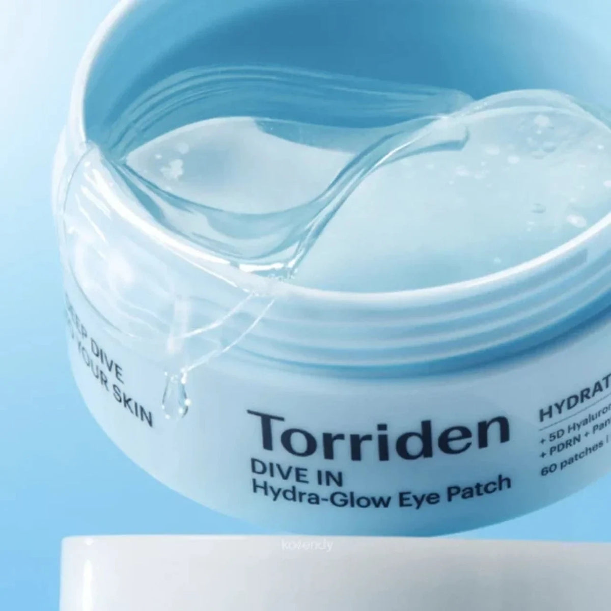 bareskin.lt Torriden Dive In Hydra-Glow blue hydrogel eye patches in a jar with a serum droplet