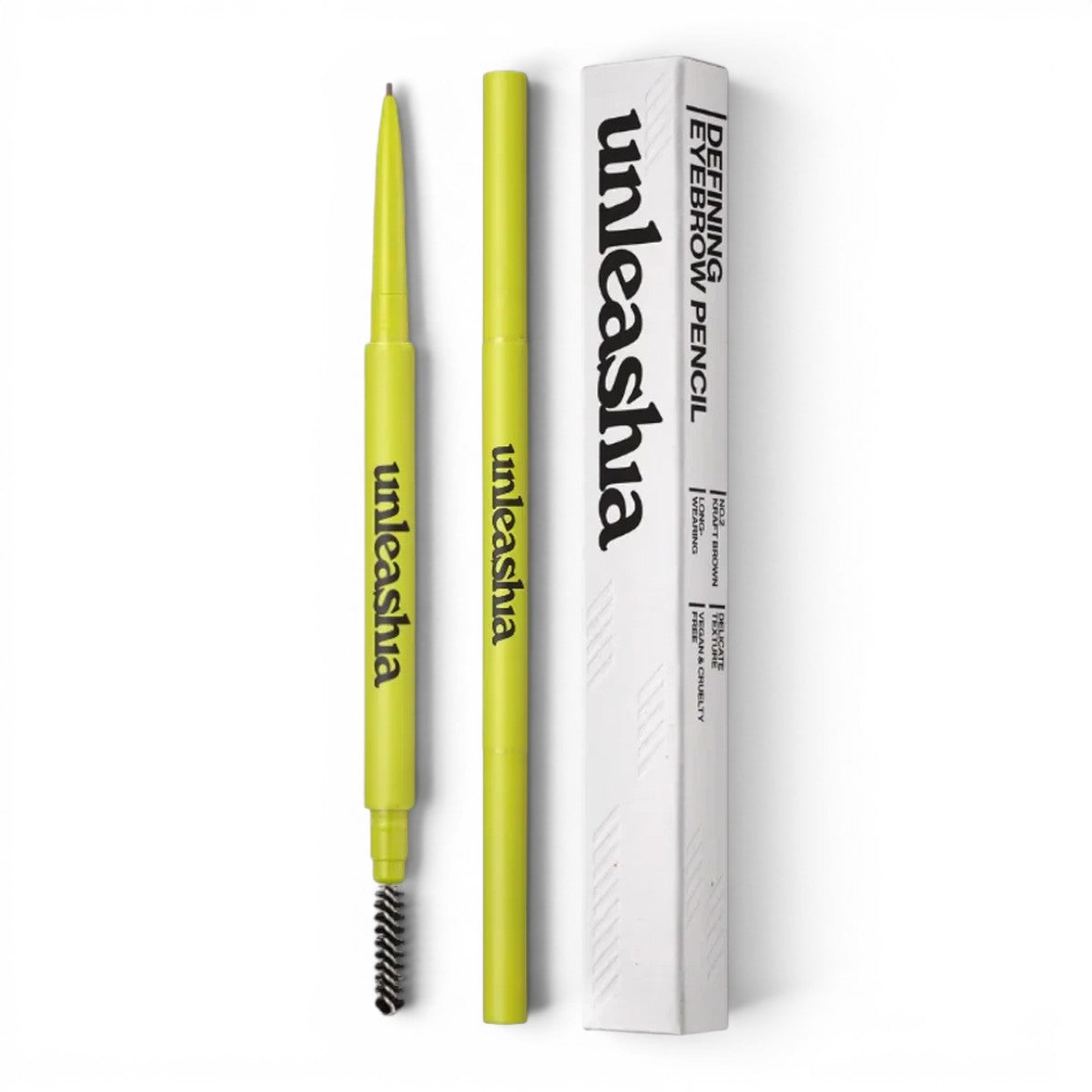 bareskin.lt UNLEASHIA Shaper Defining Eyebrow Pencil with a 1mm ultra-thin tip and spoolie brush in lime green casing.