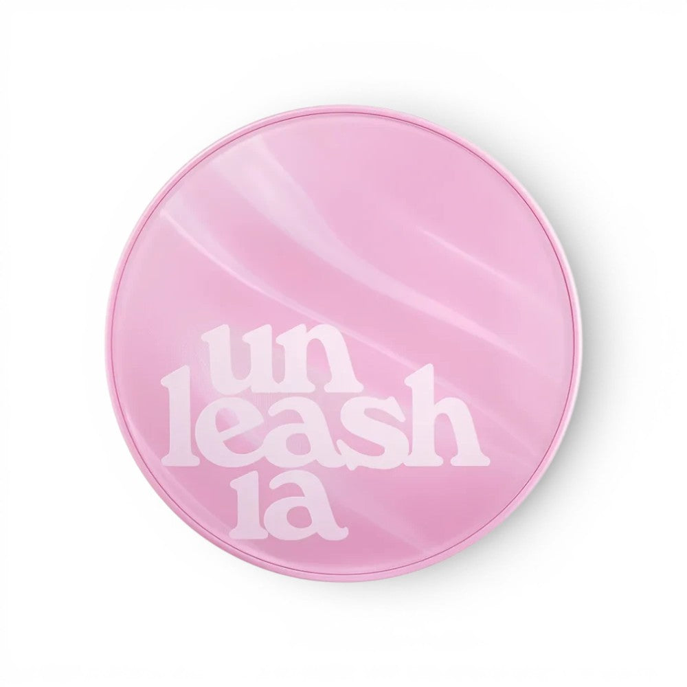 bareskin.lt UNLEASHIA Don't Touch Glass Pink Cushion Foundation compact with a glossy pastel pink wavy lid design.