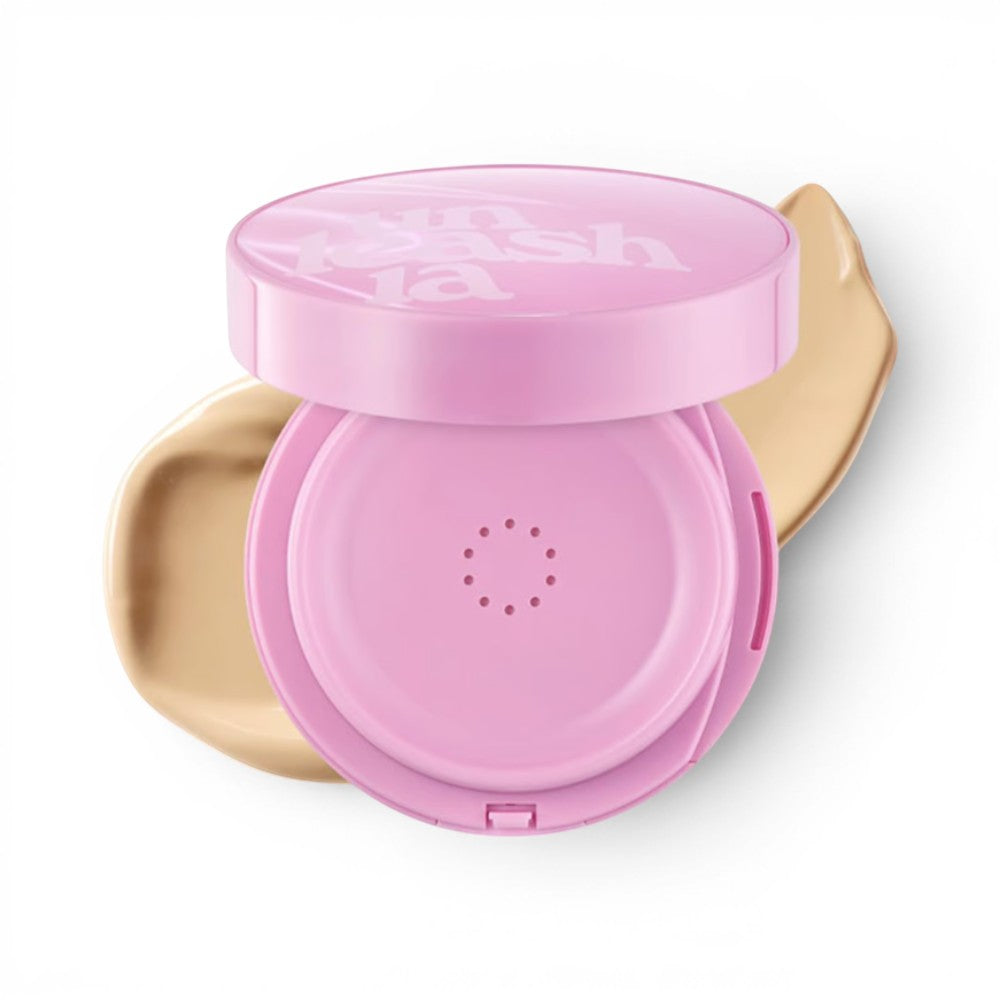 bareskin.lt UNLEASHIA Don't Touch Glass Pink cushion foundation compact with a swatch of beige liquid foundation