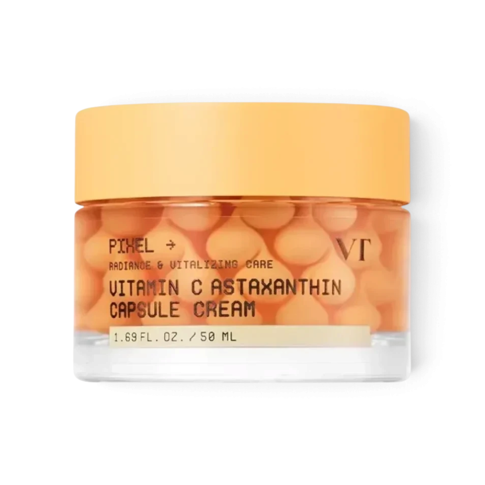 bareskin.lt VT Cosmetics Vitamin C Astaxanthin Capsule Cream skaistinamasis kapsulinės tekstūros veido kremas, skirtas palaikyti odos drėgmės balansą ir suteikti jai gyvybingesnę, tolygesnę išvaizdą