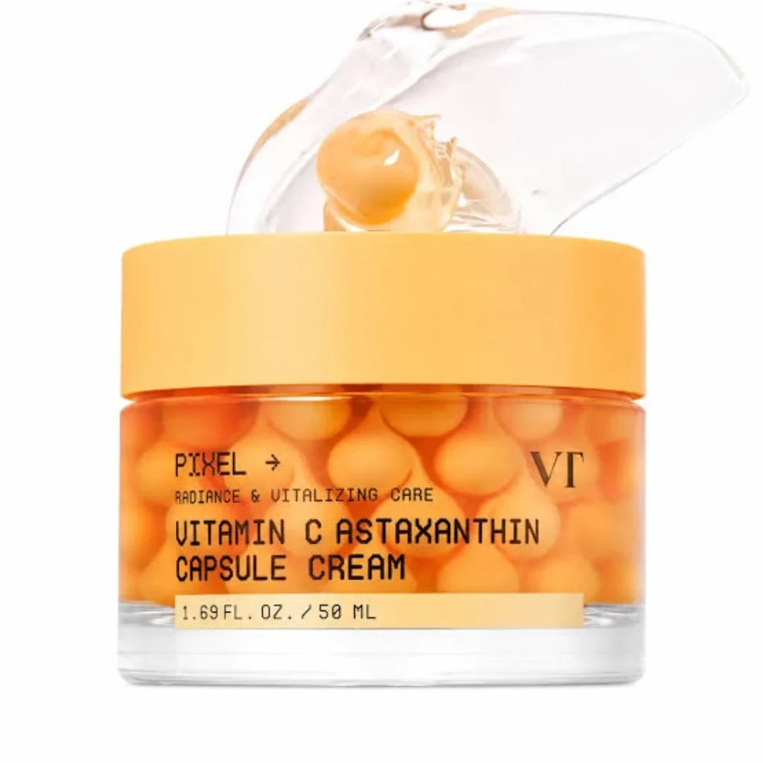bareskin.lt VT Cosmetics Vitamin C Astaxanthin Capsule Cream skaistinamasis kapsulinės tekstūros veido kremas, skirtas palaikyti odos drėgmės balansą ir suteikti jai gyvybingesnę, tolygesnę išvaizdą