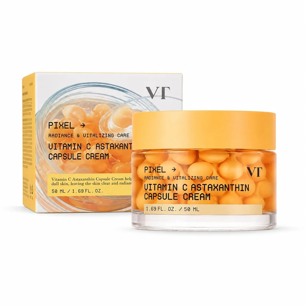 bareskin.lt VT Cosmetics Vitamin C Astaxanthin Capsule Cream skaistinamasis kapsulinės tekstūros veido kremas, skirtas palaikyti odos drėgmės balansą ir suteikti jai gyvybingesnę, tolygesnę išvaizdą