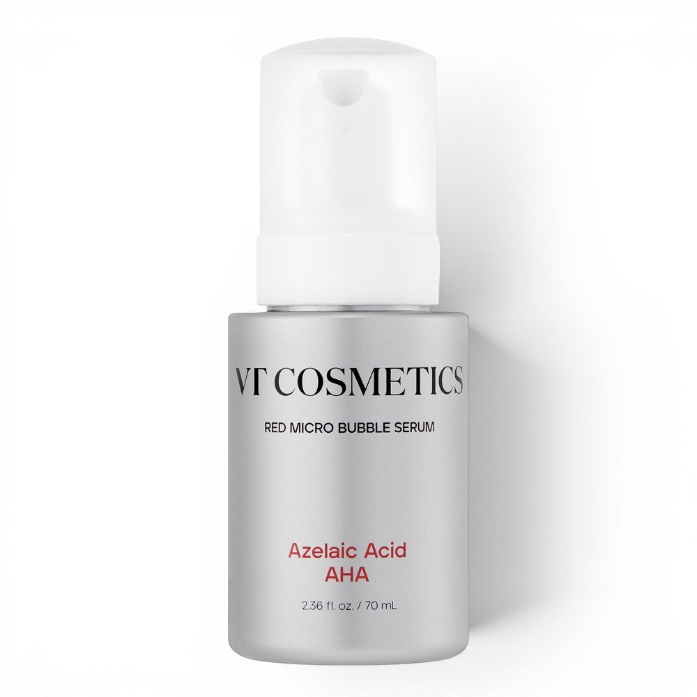VT Cosmetics AZ AHA Red Micro Bubble Serum for acne-prone skin in a silver pump bottle from bareskin.lt